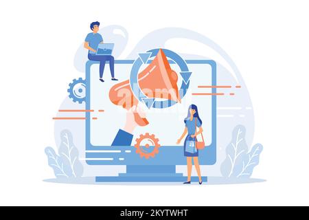 Computer con megafono e uomo d'affari con laptop e borsa per la spesa. Concetto di marketing digitale, e-commerce, social media marketing. moder vettoriale piatto Illustrazione Vettoriale