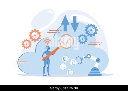 Robot che studia la tecnologia cloud attraverso la lente di ingrandimento. Intelligenza artificiale, apprendimento automatico, cloud computing, concetto di pensiero robotico. mod. vettore piatto Illustrazione Vettoriale