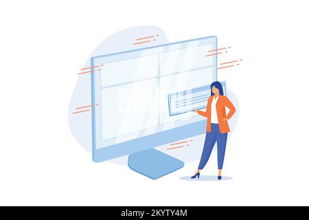 Web design e creazione di contenuti. Landing page, sito Web, homepage creazione elemento di design. Designer di grafica femminile, sviluppatore carattere piatto. vec. piatto Illustrazione Vettoriale