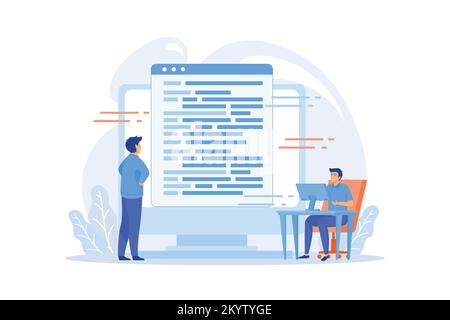 Codifica e sviluppo di siti web. Supporto tecnico. Ingegneria di programmazione. Codificatore, sviluppatore web, software per computer. Programmatore maschio carattere piatto. f Illustrazione Vettoriale