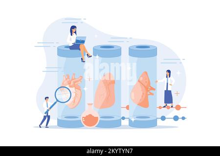 Parti del corpo crescenti in laboratorio di scienza. Grande successo scientifico, successo organi cresciuti in laboratorio, organi bioartificiali, concetto di organo artificiale. piatto Illustrazione Vettoriale