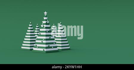 Albero di Natale decorato in stile moderno con ornamenti su sfondo verde 3D rendere 3D illustrazione Foto Stock