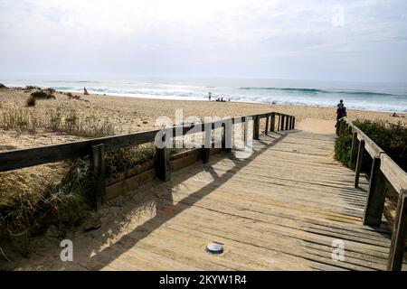 Comporta, Grandola, Portogallo - 28 ottobre 2022: Passaggio pedonale in legno per la spiaggia di Comporta la mattina in una giornata di sole in Portogallo Foto Stock