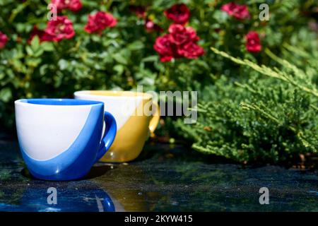 Tazze da tè gialle e blu e fiori rossi in verde su una superficie di marmo Foto Stock