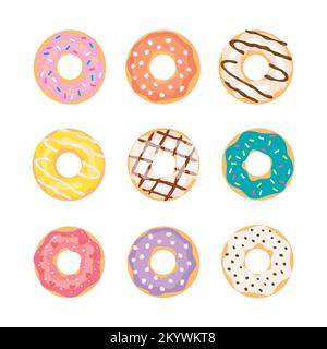 Set di coloratissime ciambelle cartoni animati. Top View Doughnuts collezione in glassa per il menu design, decorazione caffè, cassetta di consegna. Illustrazione Vettoriale
