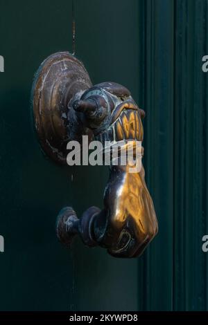 Vista closeup di elegante porta battente in ottone vintage a forma di mano che tiene la palla isolato su porta di legno verde scuro, Montpellier, Francia Foto Stock