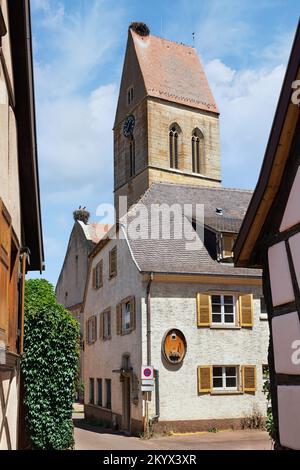 Bella strada nel comune di Eguisheim Francia Foto Stock