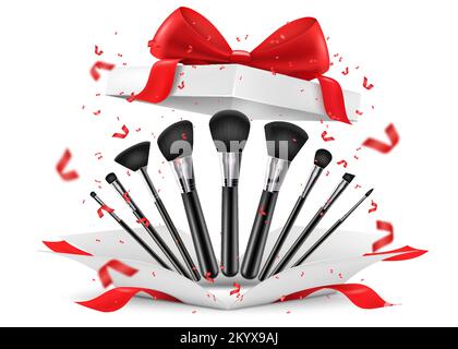 Spazzole per il trucco facciale professionali all'interno della confezione regalo aperta. Scatola regalo bianca con arco rosso, isolata su sfondo bianco. Concetto di regalo, regalo, sorpresa. 3 Illustrazione Vettoriale