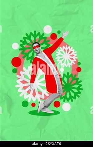 Immagine collage verticale del tipo di ballo positivo eccitato effetto bianco nero disegno fiocchi di neve isolato su sfondo creativo Foto Stock