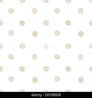 Acquerello astratto modello senza cuciture con puntini di polka nei colori beige pastello. Sfondo disegnato a mano per carta da imballaggio o disegno tessile. Cerchi su sfondo isolato. Illustrazione in stile vintage. Foto Stock