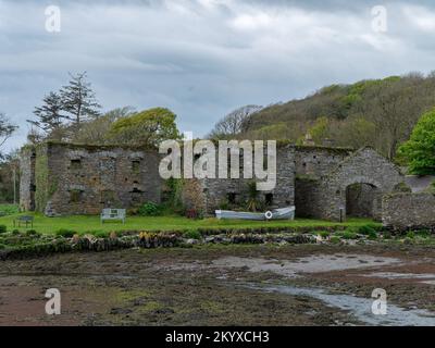 Le rovine di Arundel negozio di grano sulla riva di Clonakilty Bay in primavera. Un vecchio edificio in pietra in Irlanda. Monumento storico. Attrazioni turistiche Foto Stock