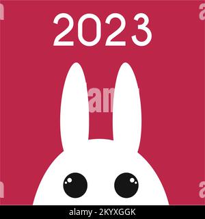 Banner di Capodanno 2023 con carino coniglio kawaii su sfondo magenta. Anno cinese del coniglio. Illustrazione Vettoriale