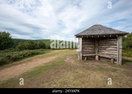 La capanna Jubilee si affaccia su Horner Woods nel Parco Nazionale di Exmoor Foto Stock