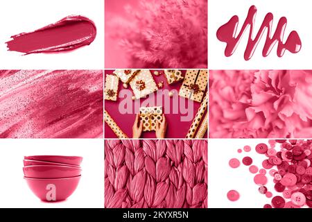 Collage creativo nel colore magenta viva alla moda. Foto Stock