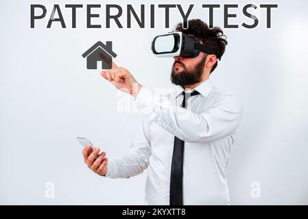 Testo che mostra il test di paternità dell'ispirazione. Panoramica aziendale un test del DNA per determinare se un dato uomo è il padre biologico Foto Stock
