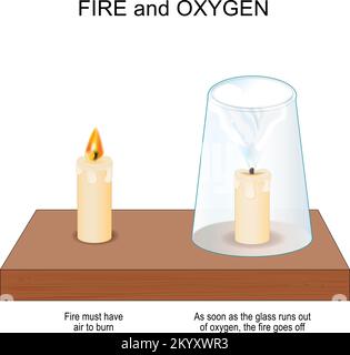 fuoco e ossigeno. Esperimento scientifico con due candele e vetro. Combustione e combustione. L'ossigeno è necessario per bruciare la candela Illustrazione Vettoriale