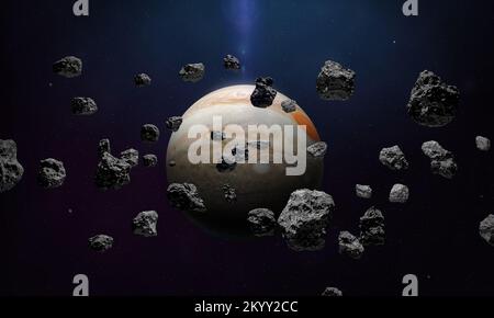 Giove e la fascia degli asteroidi. Giove gigante gas e campo asteroide in primo piano. Pianeti di sistema solare. Elementi forniti dalla NASA. Foto Stock