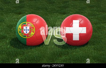 Calcio con il Portogallo contro la Svizzera 3D bandiere di calcio di palla sul campo di calcio verde. Illustrazione 3D. Foto Stock