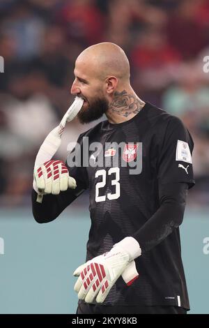 Doha, Qatar. 2nd Dec, 2022. Vanja Milinkovic-Savic, portiere della Serbia, si adatta ai guanti durante la partita di gruppo G tra Serbia e Svizzera alla Coppa del mondo FIFA 2022 allo Stadio 974 di Doha, Qatar, il 2 dicembre 2022. Credit: Xu Zijian/Xinhua/Alamy Live News Foto Stock