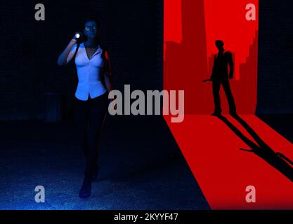 3d render thriller illustrazione della donna detective in camicia bianca e jeans che camminano nei vicoli con torcia con killer tenendo un coltello su b scuro Foto Stock