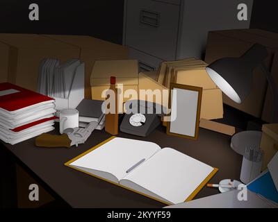 3d rappresentazione dell'illustrazione del tavolo da lavoro per detective a colori piatto stile toon con pistola, lampada e libro aperto. Foto Stock