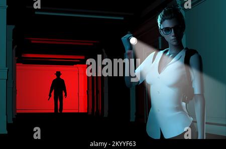 3d rendere noir illustrazione di lady detective con torcia e mistero uomo su sfondo scuro corridoio. Foto Stock