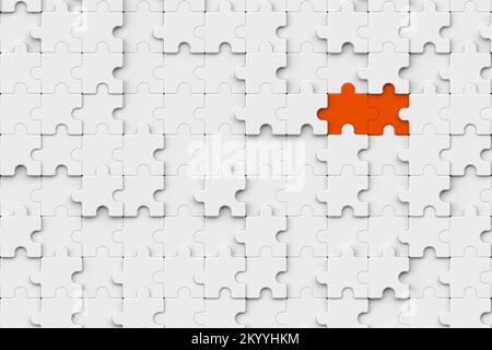 Due puzzle arancioni pronti per essere inseriti nel pannello di puzzle bianco. puzzle pezzi al concetto di lavoro finito. concetto di successo aziendale, rendering 3d Foto Stock
