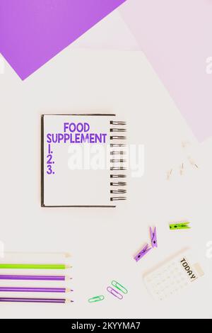 Ispirazione che mostra il segno Food Supplement. Parola scritta su Condizioni e pratiche che preservano la qualità del cibo Foto Stock