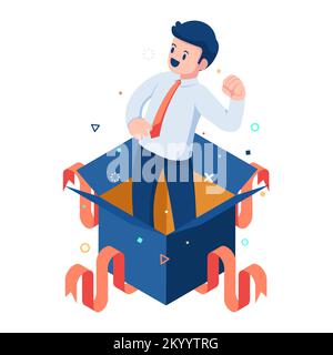 Flat 3D Isometrica uomo d'affari esce dalla scatola di cartone. Pensare fuori dalla confezione e concetto di nuovo dipendente. Illustrazione Vettoriale
