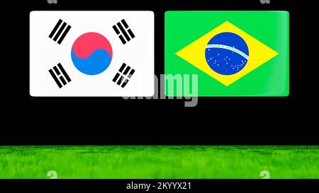 Bandiere nazionali di Corea e Brasile come carte lucide che galleggiano su un campo verde. Rendering 3D. Foto Stock
