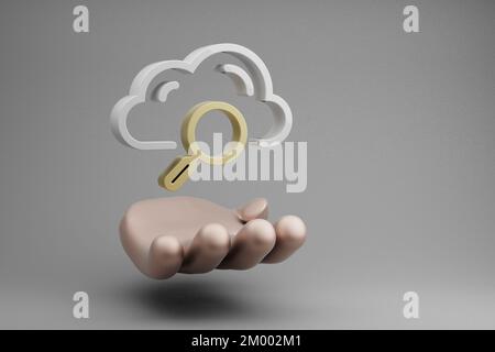 Belle illustrazioni astratte Golden Hand Holding Cloud icona simbolo di ricerca su uno sfondo grigio. illustrazione del rendering 3d. Motivo di sfondo per Foto Stock