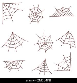 Insieme di ragnatela di ragno di fotoricettore. Elemento di Halloween. Concetto di trick o treat. Illustrazione vettoriale in stile disegnato a mano Illustrazione Vettoriale