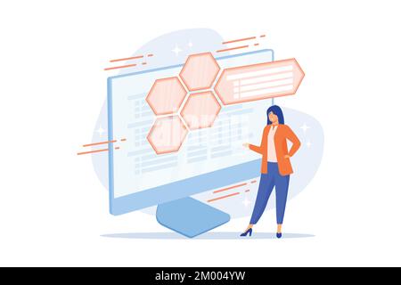 Sviluppo e codifica Web. IT, ottimizzazione del sito web, test del software per computer. Programmatore e sviluppatore lavorante femmina carattere piatto. vettore piatto i Illustrazione Vettoriale