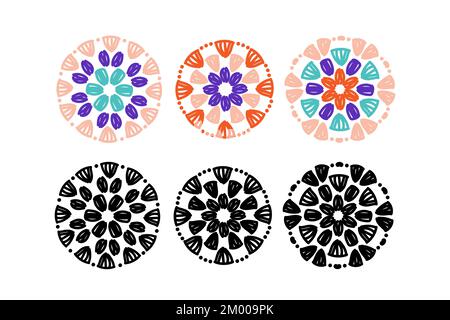 Set di motivi rotondi. Modelli di uncinetto a cerchio Granny. Illustrazione Vettoriale