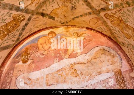 Qusayr Amra o Quseir Amra, Giordania - 6 novembre 2022: Affreschi di Qasr Amra, uno dei castelli del deserto Foto Stock