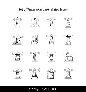 Faro, set di icone. Fari marini, icone lineari. Linea con tratto modificabile. Illustrazione Vettoriale