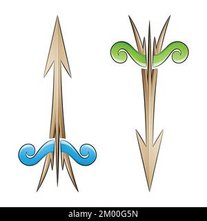 Illustrazione della freccia e della prua incrinate nei colori verde e blu beige isolato su sfondo bianco Illustrazione Vettoriale
