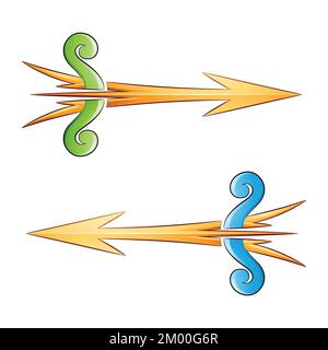 Illustrazione della freccia e della prua incrinate nei colori giallo verde e blu isolati su sfondo bianco Illustrazione Vettoriale