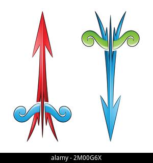 Illustrazione della freccia e della prua incrinate nei colori verde rosso e blu isolato su sfondo bianco Illustrazione Vettoriale
