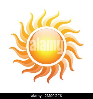 Illustrazione dell'icona del sole giallo lucido e ricurvato con raggi solari ondulati isolati su sfondo bianco Illustrazione Vettoriale