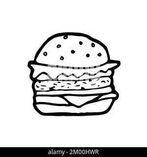 Doodle Burger icona. Schizzo vettoriale di hamburger. Vettore isolato Illustrazione Vettoriale