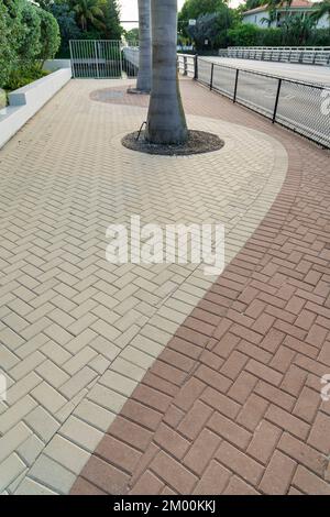 Marciapiede con mattoni beige e marrone con stile curvo a Miami, Florida. Marciapiede con alberi nel mezzo vicino alle piante a sinistra e barriera di recinzione nea Foto Stock