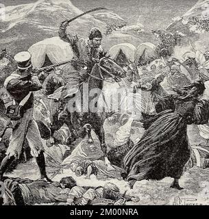 PRIMA GUERRA ANGLO-AFGHANA. La cavalleria afghana ha abbattuto le truppe britanniche durante il ritiro da Kabul nel 1842 Foto Stock