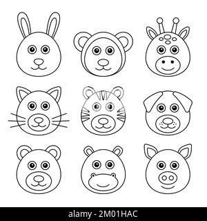 Set di contorno carino teste animali zoo. gatto, orso, ippopotamo, coniglio, tigre, giraffa, scimmia, cane, maiale. Illustrazione vettoriale Illustrazione Vettoriale