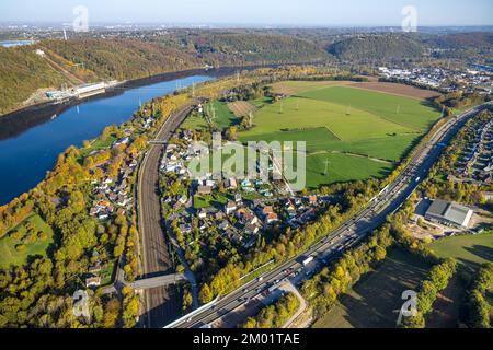 Veduta aerea, Hengsteysee, Koepchenwerk, autunno foresta, prati e campi Böhfeldstraße a A1 autostrada, Boele, Hagen, Ruhr zona, Nord Reno-Westfalia Foto Stock