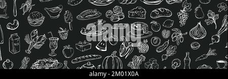 Sfondo panoramico del mercato agricolo con icone a linee. Frutta, verdura, uova, carne e pesce - illustrazione vettoriale Illustrazione Vettoriale