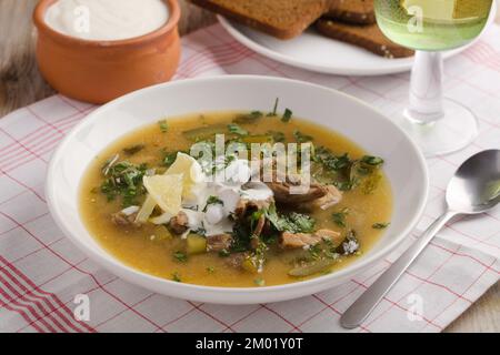 Rassolnik il tradizionale russo zuppa preparata dalla ricetta retrò Foto Stock