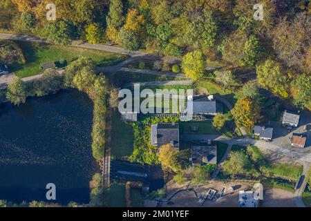 Veduta aerea, LWL-Freilichtmuseum Hagen, Mäckinger Bach, Eilpe, Hagen, Regione della Ruhr, Renania settentrionale-Vestfalia, Germania, DE, Europa, Fotografia aerea, Muse Foto Stock