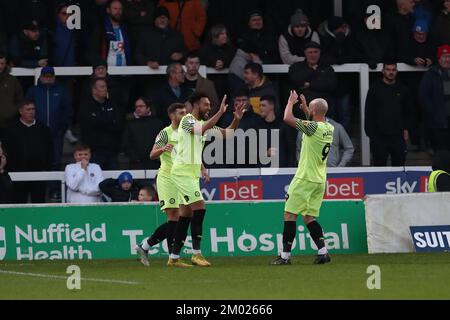 Hartlepool, Regno Unito. 3rd dicembre 2022Stockport Kyle Wootton festeggia la sua seconda gol durante la partita della Sky Bet League 2 tra Hartlepool United e Stockport County a Victoria Park, Hartlepool, sabato 3rd dicembre 2022. (Credit: Marco Fletcher | NOTIZIE MI) Credit: NOTIZIE MI & Sport /Alamy Live News Foto Stock