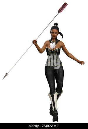 Donna guerriera con capelli intrecciati indossano un abito in oro nero con armatura, lancia di presa, 3D Illustrazione. Foto Stock